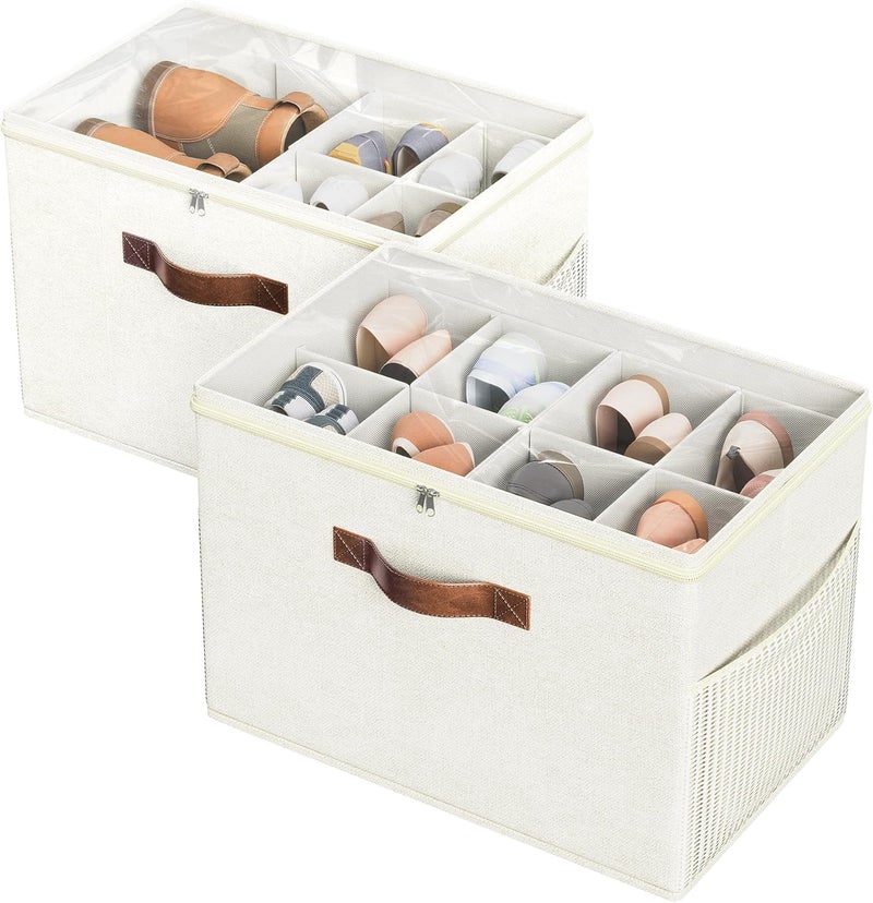 Budding Joy 2 Pack Shoe Organizer for Closet, Clear Foldable Shoe Storage Containers Adjustable Dividers Fits 16 Pairs,Shoe Storage Bins Baskets Boxes with Reinforced Handles Beige - Image 1